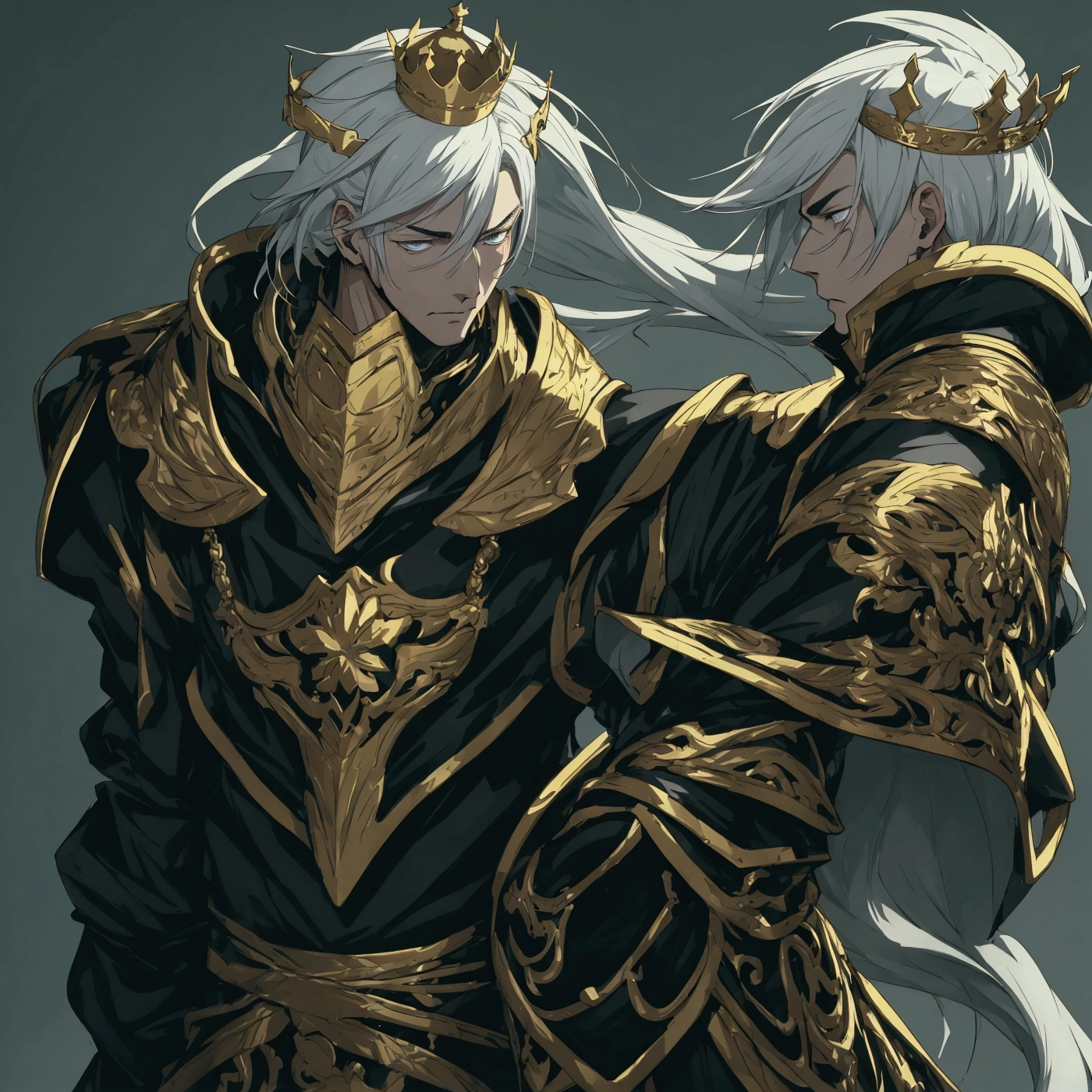 make this character into anime art style, man face, white hair, gold crown on his head, change background 
