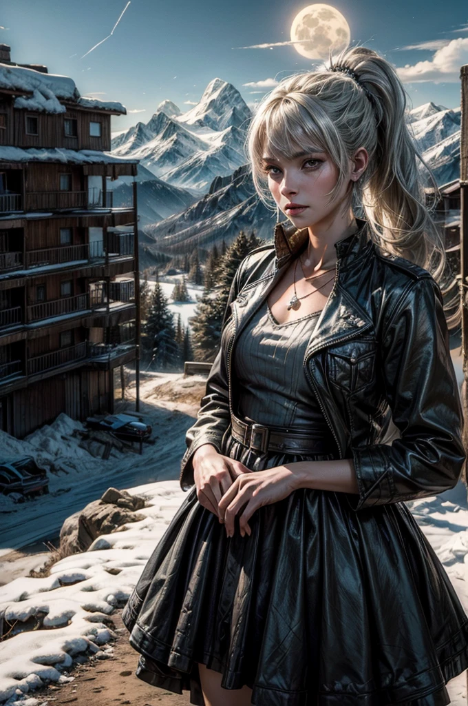 (masterpiece, best quality:1.2), cowboy shot, weissvale, expressionless, closed mouth, looking at viewer, long white hair, side ponytail, scar on eye, white dress, jewelry, necklace, earrings, standing with crowd in city ruins on hill, overlooking valley, BREAK night, stars, moon, snow, BREAK mountains in background, waterfall, vehicle wreck, , (crowd in military uniform), bonfires, post-apocalypse, dystopian future,