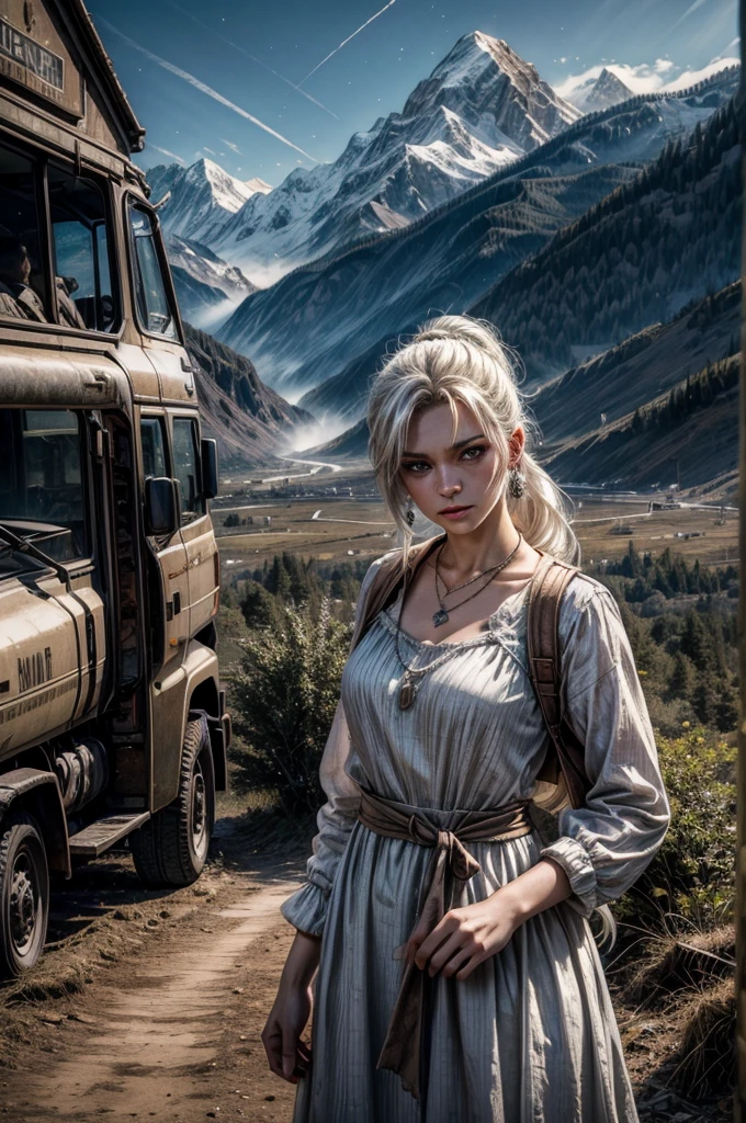 (masterpiece, best quality:1.2), cowboy shot, weissvale, expressionless, closed mouth, looking at viewer, long white hair, side ponytail, scar on eye, white dress, jewelry, necklace, earrings, standing with crowd in city ruins on hill, overlooking valley, BREAK night, stars, moon, snow, BREAK mountains in background, waterfall, vehicle wreck, , (crowd in military uniform), bonfires, post-apocalypse, dystopian future, 