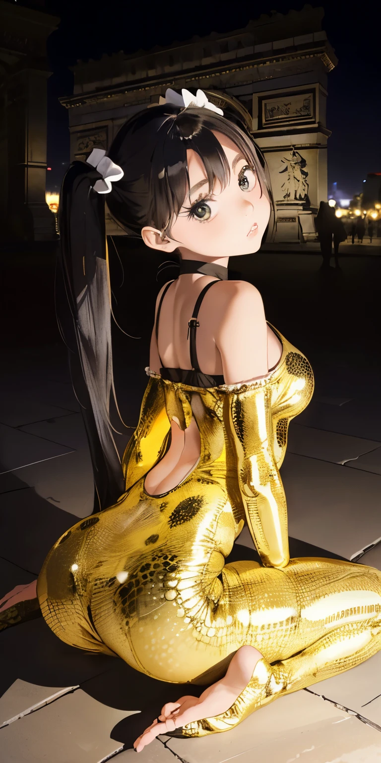 Arc de Triomphe Paris at night((10 year old girl with twin tails))Realistically、(Keep your head low、Get on all fours with your butt sticking out、)Emphasize the tail、Open and sexy look、Accentuate your cleavage、(Wearing a shiny crocodile print bodysuit)、Various sexy poses、(Background Arc de Triomphe at night)