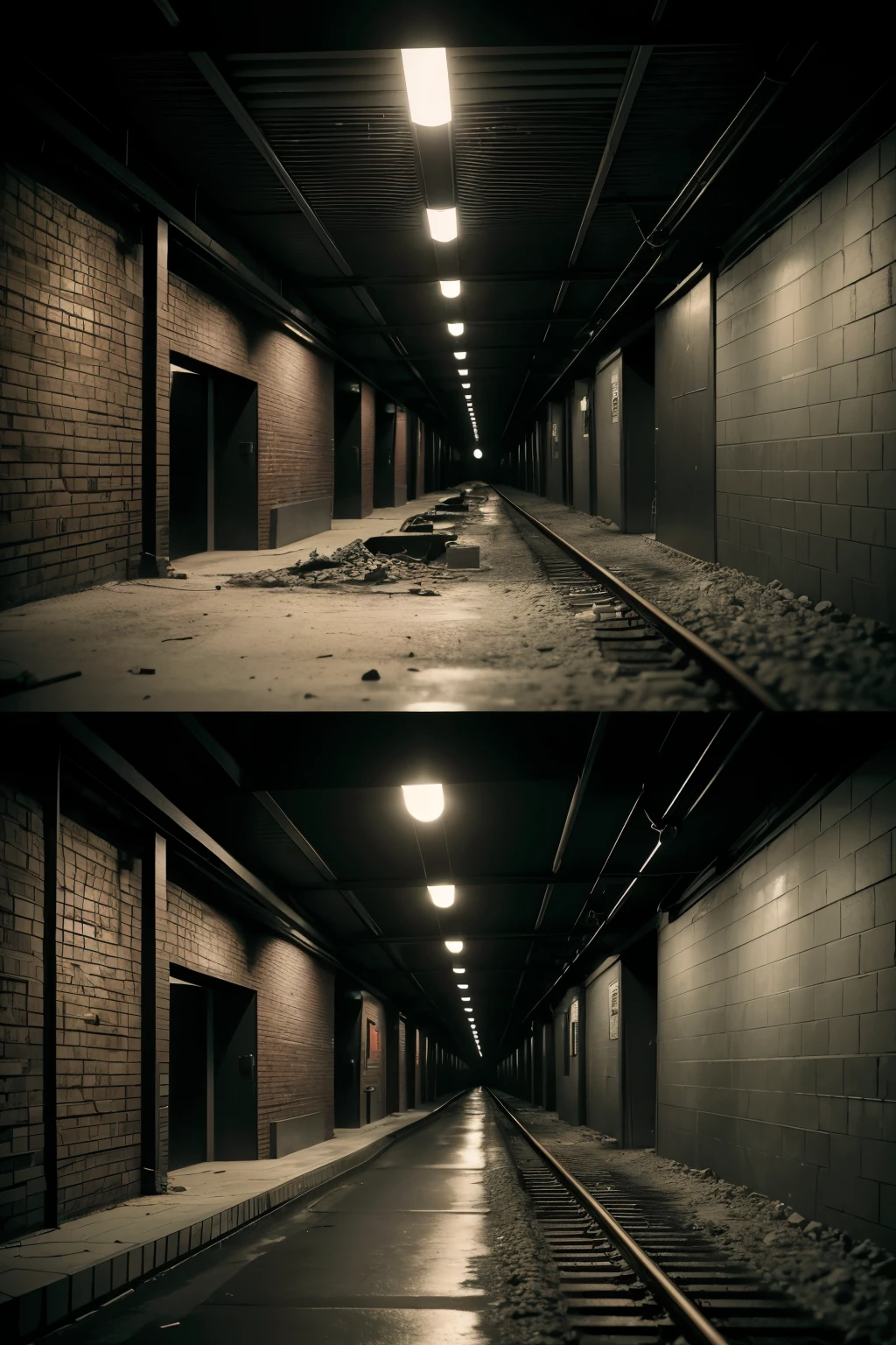 create an ultra-realistic scenario as if it were a subway tunnel, but with total destruction and dark colors, simulating a place completely devoid of people and gloomy