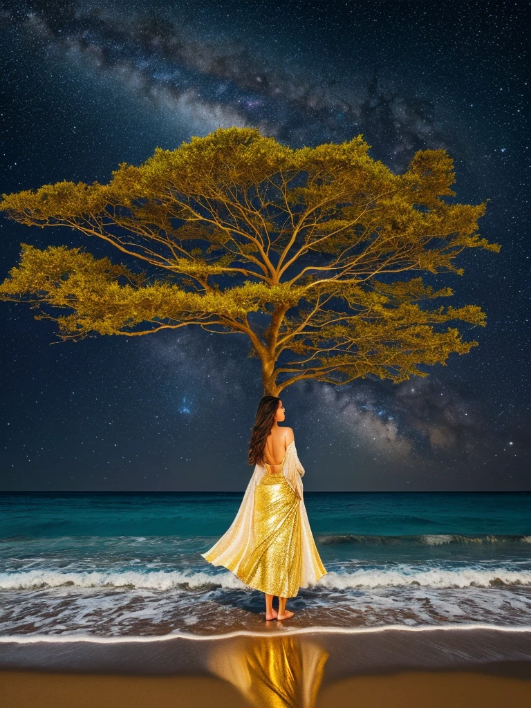 Portrait-focused image of a woman standing on a beach next to the ocean, with the Milky Way galaxy in the background. Trending digital fantasy art featuring a golden sacred tree with glowing outlines. Realistic face and body hybrid, gently caressing the Earth. A beautiful artist rendering, reflecting awakening, beside the sea.