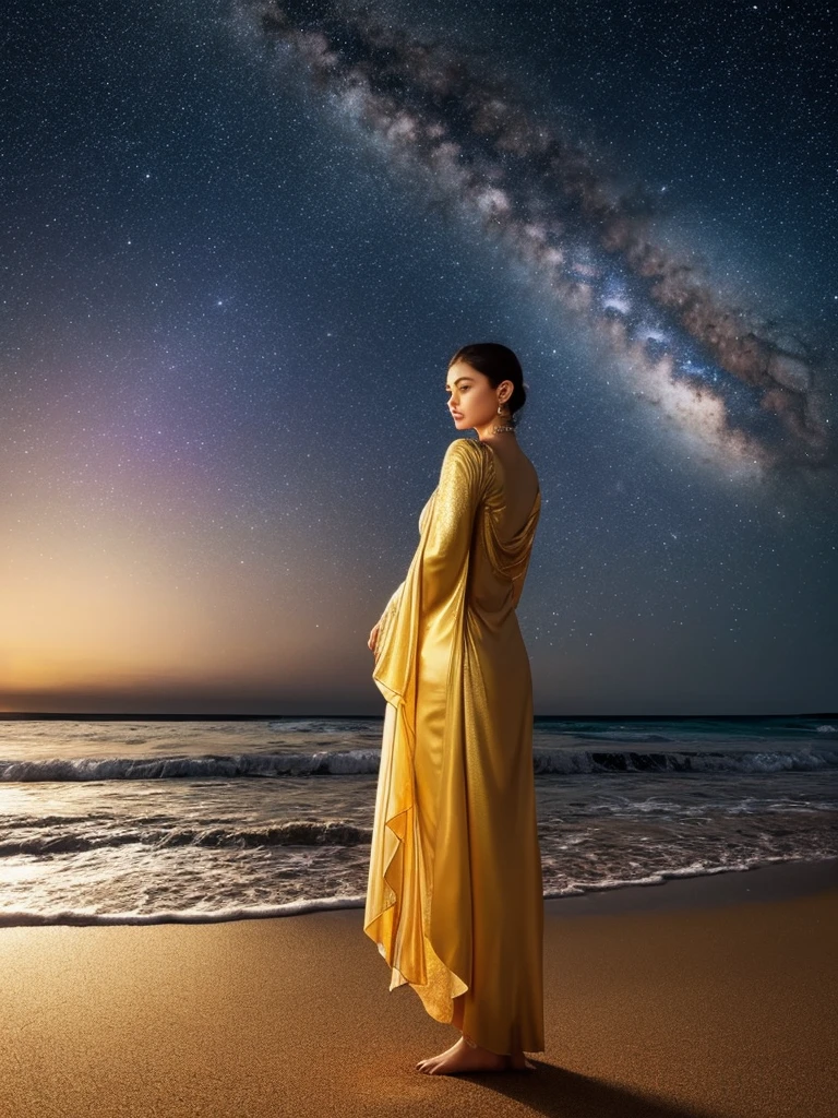 Portrait-focused image of a woman standing on a beach next to the ocean, with the Milky Way galaxy in the background. Trending digital fantasy art featuring a golden sacred tree with glowing outlines. Realistic face and body hybrid, gently caressing the Earth. A beautiful artist rendering, reflecting awakening, beside the sea.
