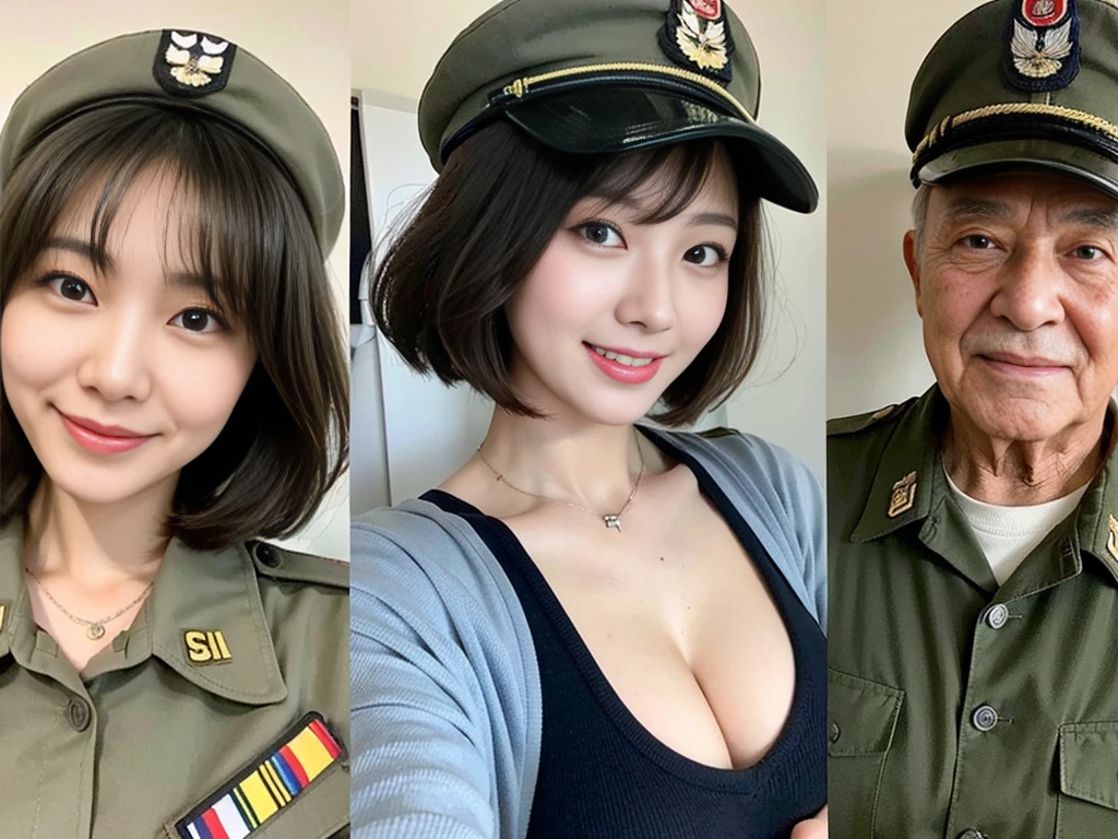 (A cute and beautiful Korean female soldier poses for a commemorative photo with her friendly elderly and male soldiers.:1.3)(Grinning expression:1.2)(20-year-old:1.3)(Huge , There is cleavage in the chest:1.2),(Sweating profusely)(Huge boobs)(Elegant and shiny black bob cut:1.2))(8k, RAW Photos, Highest quality, masterpiece: 1.2),High-resolution RAW color photos, Professional photos, Very detailed and beautiful,(she&#39;She&#39;s very skinny but has big breasts:1.4), Small face:1.Perfect anatomical figure、(Huge breasts that make your clothes burst: 0.9) (Huge胸 :1.4)(Classy makeup,eyeliner/eye shadow,lipstick,Fair skin,Beautiful Skin)(Full body photo:1.1)(Shiny Hair:12)(lipstick:1.1)(uniform:1.2)(Sexy Korean Woman:1.2)(Military departure ceremony:1.1))(Group photo:1.3)(All beautiful girls:1.2)Military facilities,