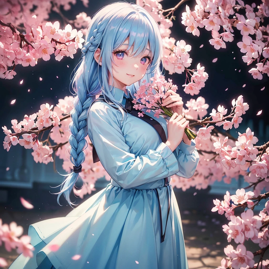 (light blue medium hair),(Braided hair)、Pink Eyes、Fair skin、(whole body)、(uniform)、Cherry Blossoms at Night、Big smile、alone、(masterpiece、Highest quality、Very detailed、Best Shadow)、(Detailed Background)、(Beautifully detailed face)、High Contrast、(Best lighting、Very delicate and beautiful)、((Cinematic Light))、colorful、Hyper Detail、8k、Dramatic Light、Exquisite detail、