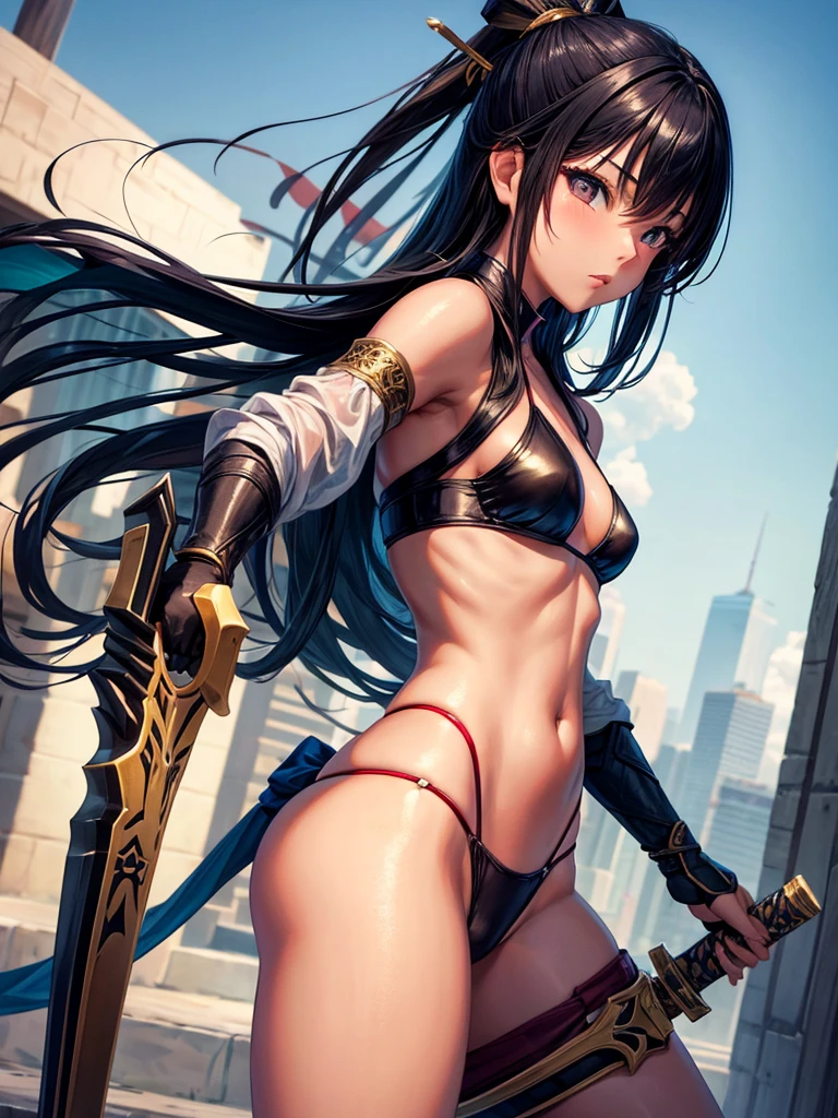 Beautiful Asian girl, 18 years old, light bikini assassin girls, sexy lady, medium breasts, camel toe, small blade in hand,
