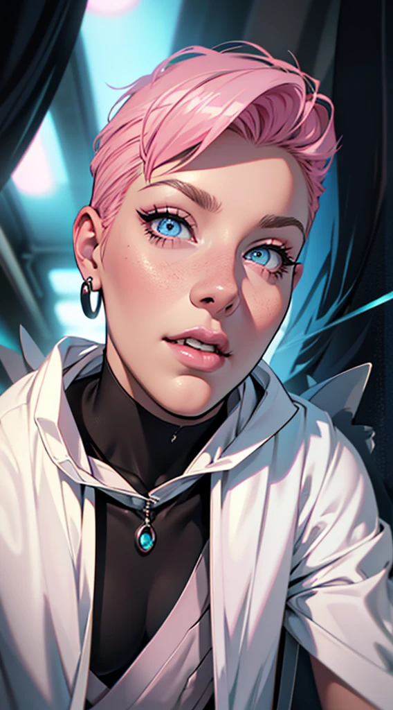 butler outfit, short pink hair, blue colored eyes, ashen skin, demon, claws, bangss, gothic art, full body shot shot, elegant pose, ssmile, Romanticism, work of art, anatomically correcte, high qualiy, super detaill, best qualityer, 4K, 8k, Perfect Woman, the most beautiful woman, her face has to be symmetrical and beautiful, baby pink hair, best qualityer final, beautfull woman, speech bubble, Galaxy,60s,70s,80s,colorfully,cosmo,space, VERY DETAILED EAR FLARERS, cabelo channel rosa