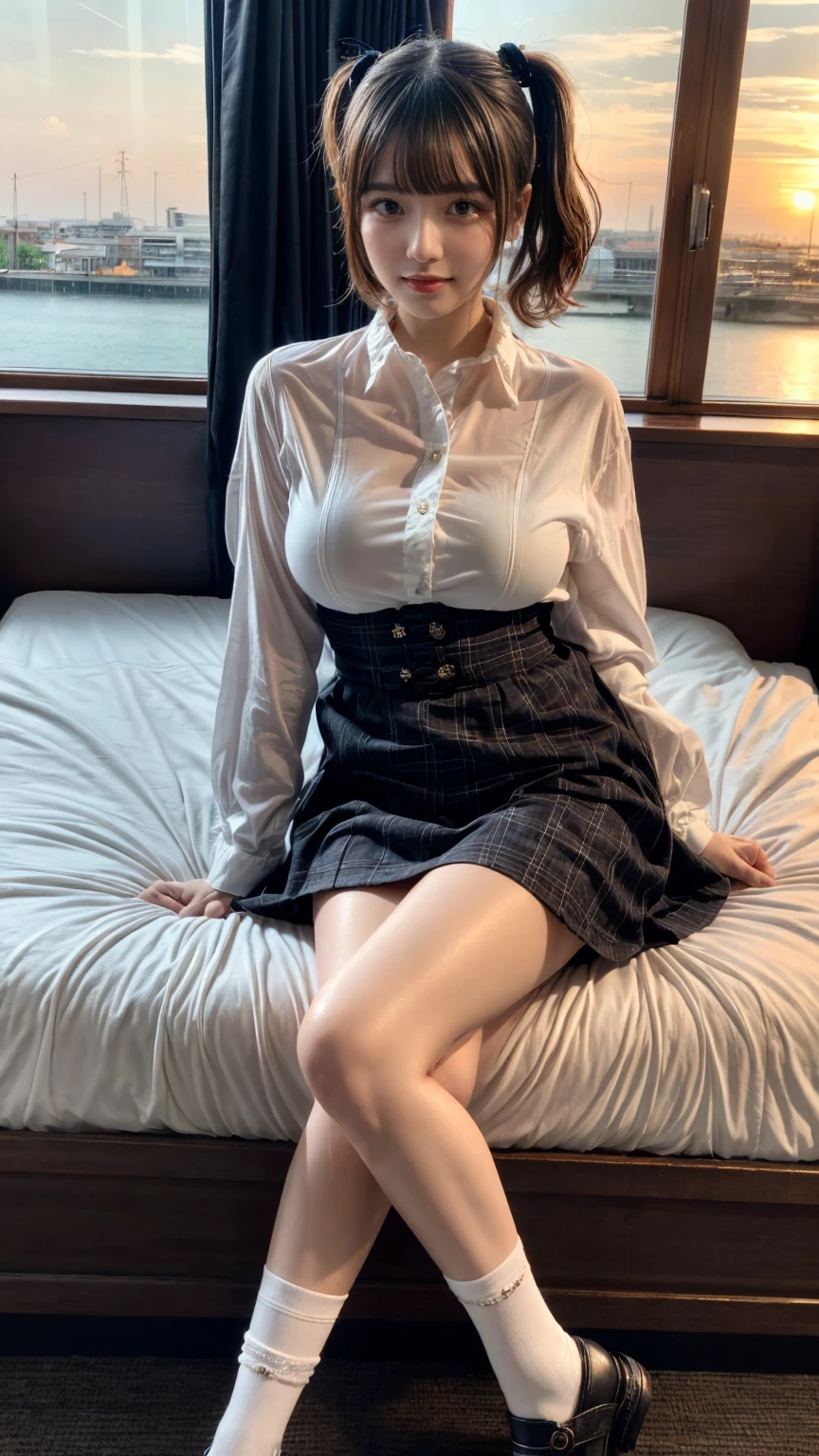 muste piece, best quality, illustration, Super detailed, fine details, High resolution, 8K,wall paper, perfect dynamic composition,(Details High quality, realistic depiction of eyes:1.3), short hair, (wavy hair:1.2), (Ruffled shirt、)(Checked mini skirt、red、black、), pony tail hair, huge breasts, black hair color, Big Natural Color Lip, bold sexy pose, crying a little、little smile, Harajuku style、20 year old girl、cute type、ta、beautiful legs, hotel room, full body photo、focus on crotch, hposing Gravure Idol, Sexy shot looking at camera, Sunset, by the window, Summer, knee sox, make up, Curve