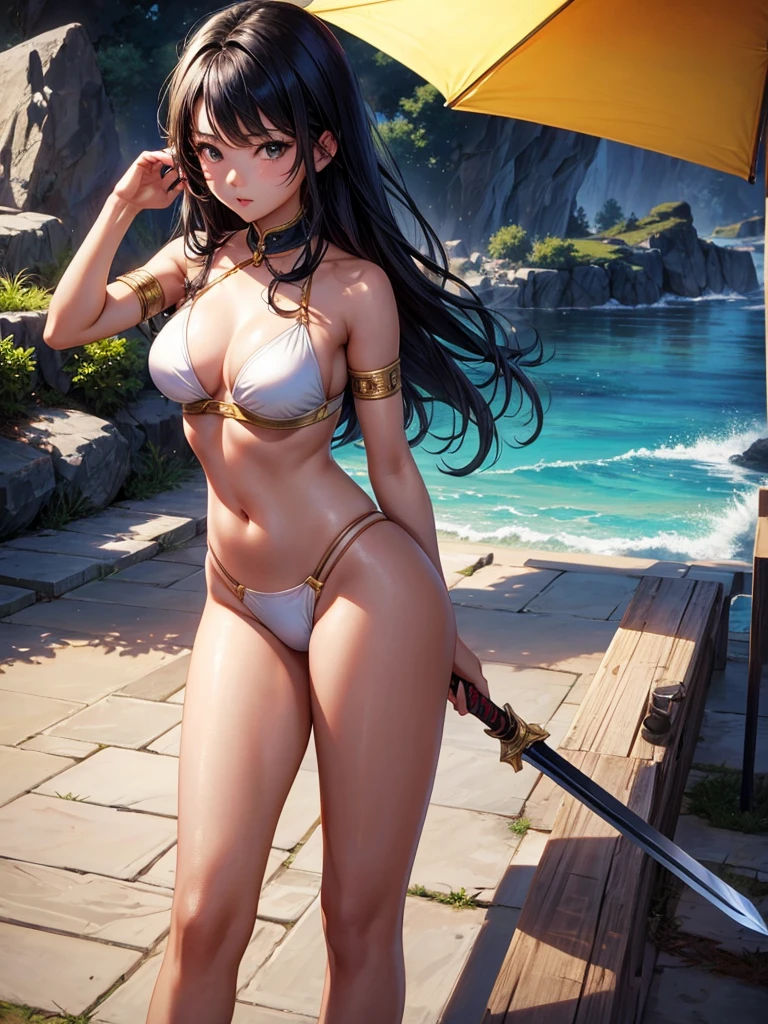 Beautiful Asian girl, 18 years old, light bikini knight girls, sexy lady, medium breasts, camel toe, long sword,
