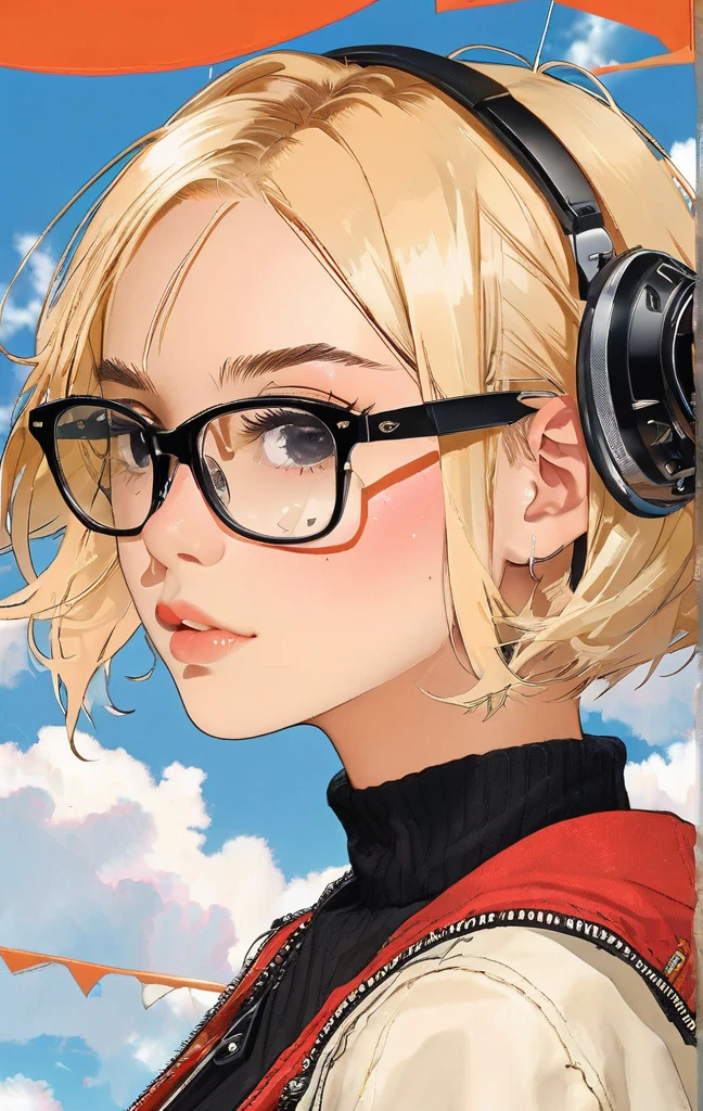 ハーレーDavidson, riding, American casual, blonde, short hair, black-rimmed glasses,