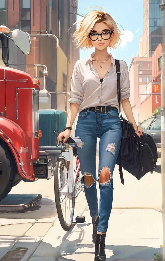 ハーレーDavidson, riding, American casual, blonde, short hair, black-rimmed glasses, 