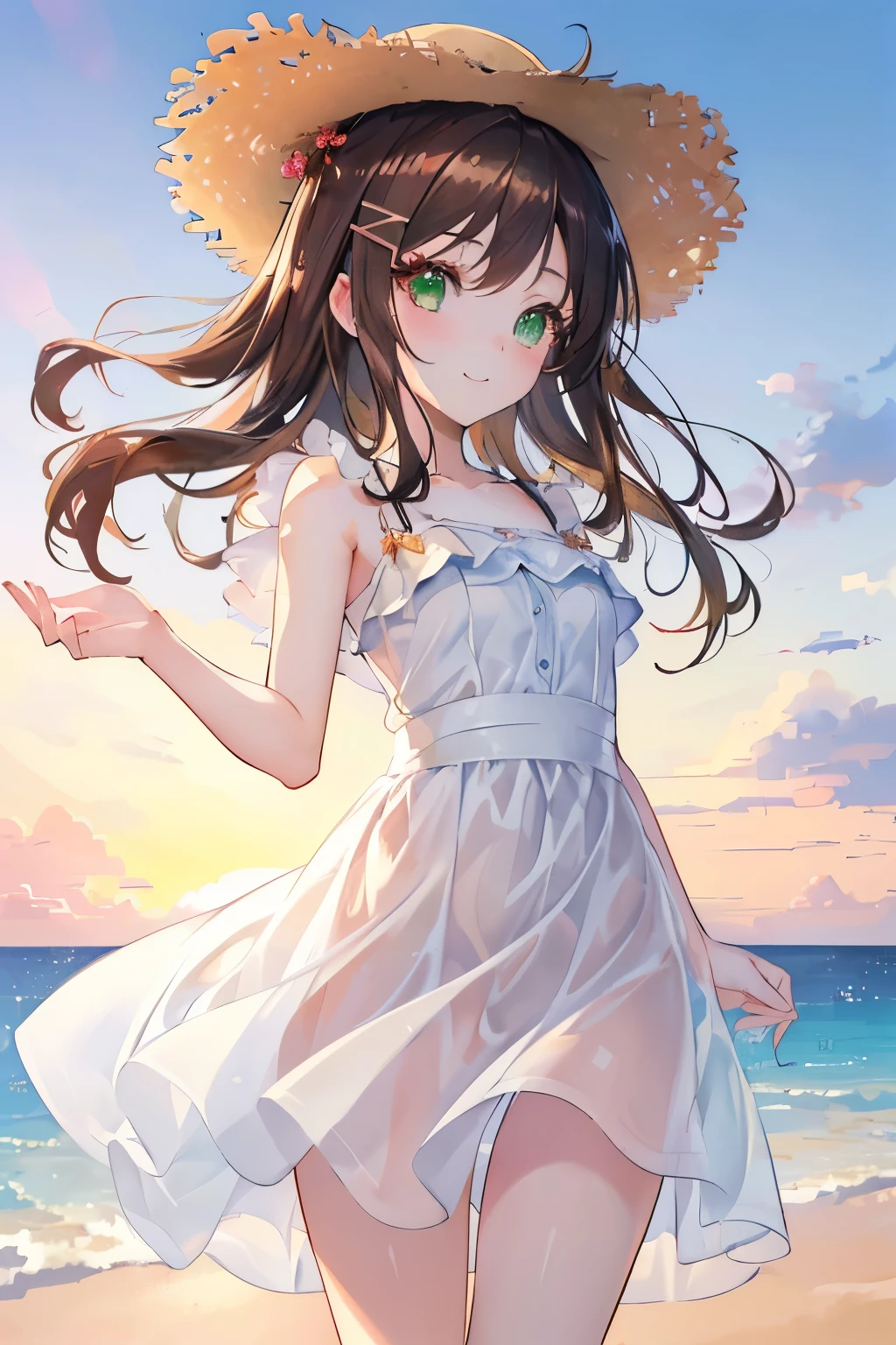((masterpiece, Highest quality, High resolution, 超High resolution, Pixel perfect, Written boundary depth, 4K, RTTX 10.0, High resolution))), 1 girl, single, alone, Beautiful Anime Girls, Beautiful art style, Anime characters, ((Shortcuts, bangs, Dark brown hair, Simple hairpin)), ((Green Eyes:1.4, Round eyes, Beautiful eyelashes, current eyes)), ((Smooth texture:0.75, Anime CG style)), Medium chest, ((Dynamic Angle, close)), Perfect body, (pretty girl), 1 girl, White Dress, Straw hat, Cute Smile, Sandy Beach, evening, sunset