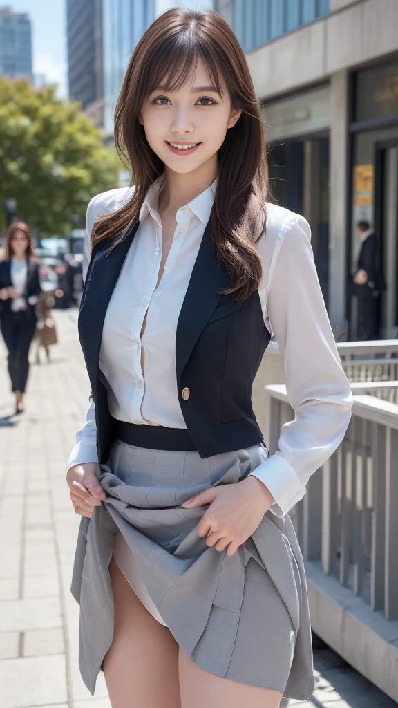 Woman in a suit standing on the sidewalk,((25-year-old woman))、small Breasts、Dark brown hair color、Hairstyle with bangs、Various hairstyles、Hairstyles of different lengths、(8k, RAW Photos, highest quality, Tabletop: 1.2),、(Realistic, Realistic: 1.3), Cityscape, Day, Sunny Morning, Professional Lighting, Photon Mapping, shirt, (Woman in a suit,) Silk Suit、Pencil Skirt、Tight Skirt、((Delicate photo)),(Detailed RAW Photos of Girls), (Tabletop:1.25), (highest quality:1.6), (超A high resolution:1.5), (Realistic:1.75), 8k resolution, Canon EOS R5, 50mm, absurdes, Ultra-detailed,Cinema Lighting, (Skirt Lift:1.4)、nsfw、the wind is strong、smile、Skirt flipped up、sexy panties