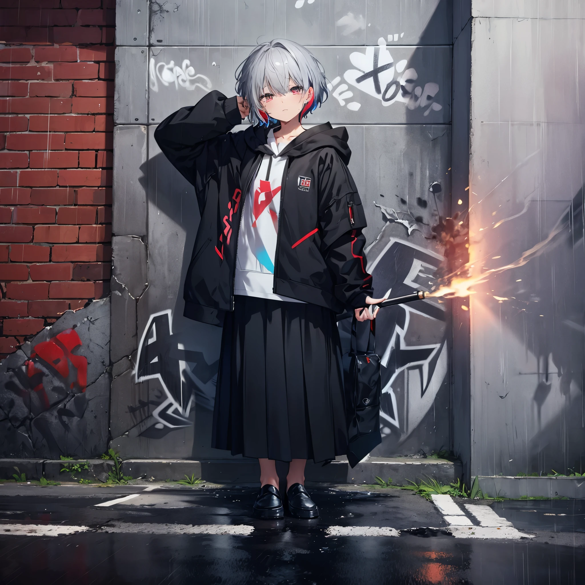 (((1 person　Gray Hair、short hair　Black and red outfit、hoodie)))　(((High resolution　Getting wet in the rain　Black long skirt　loafers)))　(((Sad face、profile、Close-up　Crying and smoking a cigarette)))　((((Put your back against the wall、sit　Colorful spray graffiti))))　((in the rain、It rains　Blowing in the Wind))　(Shining Background　Shining Edges)