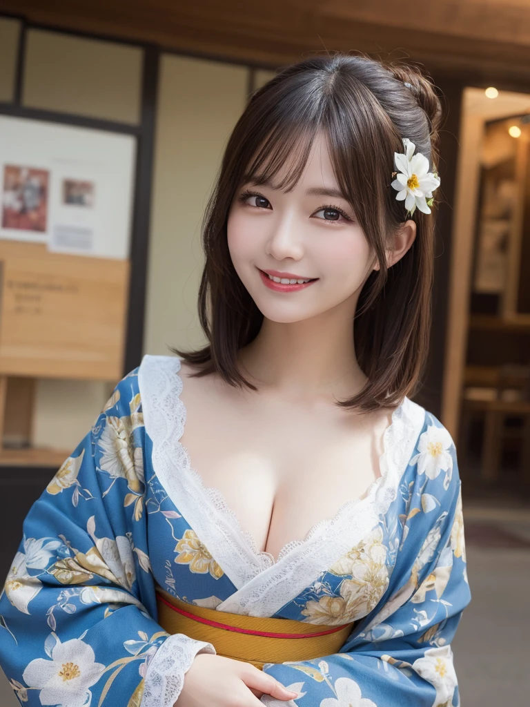 masterpiece, best quality, illustration, ultra-detailed, finely detailed, high resolution, 8K wallpaper, perfect dynamic composition, beautiful detailed eyes, festival, kimono, medium hair, small breasts, joyful pose, smile, looking at camera