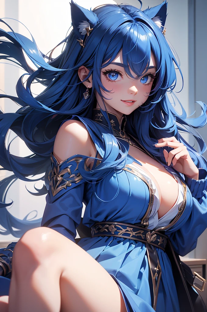 (masterpiece: 1.2), best quality, ultra high res, shiny skin, mature female, ultra high res, perfect anatomy, best shadow, best quality, ((1girl, solo)), hair ornament, very long hair, huge breasts, smile, looking at viewer, very long hair, long sleeves, blue eyes, blue hair, bangs, hair between eyes, short dress, high boots, flower, cloudy sky,, Cat ears
