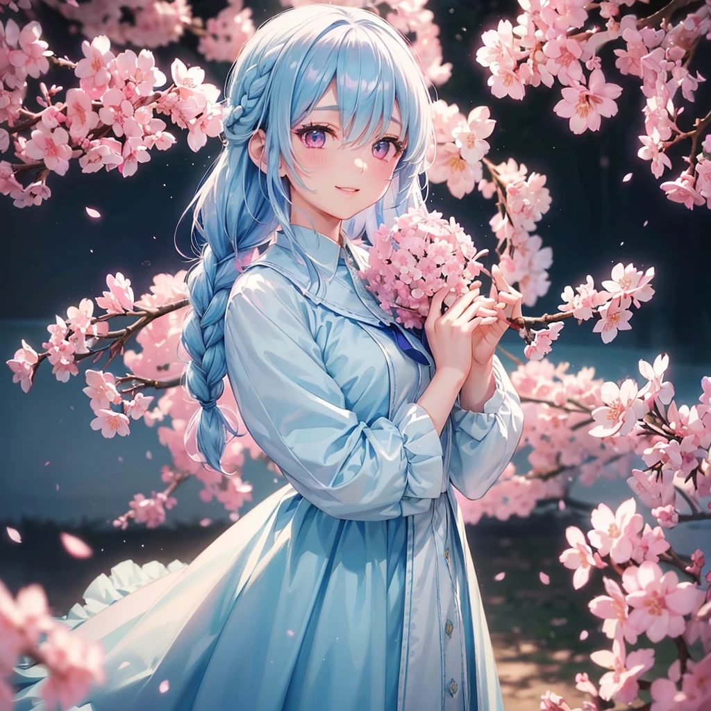 (light blue medium hair),(Braided hair)、Pink Eyes、Fair skin、(whole body)、(uniform)、Cherry Blossoms at Night、Big smile、alone、(masterpiece、Highest quality、Very detailed、Best Shadow)、(Detailed Background)、(Beautifully detailed face)、High Contrast、(Best lighting、Very delicate and beautiful)、((Cinematic Light))、colorful、Hyper Detail、8k、Dramatic Light、Exquisite detail、