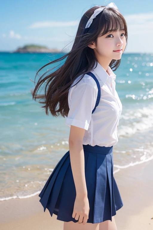 Cute Girls、high school girl、uniform、Idol、See-through、Ocean、Sandy Beach、Fluttering in the wind