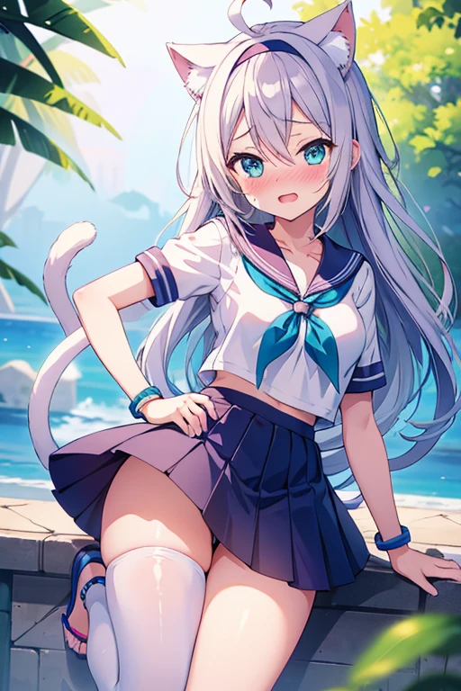 anklet,leg up,hairband,serafuku,masterpiece, best quality, kawaii, ahoge, beautiful detailed eyes, aqua eyes, eyeball, cat_ears, medium breasts, bare legs, no legwear, wristband, loli, light blush, hand_on_hip, laughing, nose blush , peace symbol , student, tail
