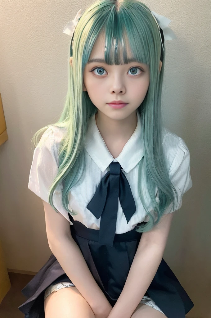 (One Girl:1.4), (alone:1.4), 18-year-old, break (Blunt bangs:1.7), (Long Hair, Pastel green hair, Dark blue eyes, Symmetrical light blue hairpins:1.5), (smile:1.2), Sitting, break Sitting on mechanical, (school uniform), (White shirt, Dark Blue Skirt, Blue tie:1.3), White socks, break classroom, blackboard, sunset, mechanical, break best quality, masterpiece, Highly detailed CG Unity 8k wallpaper,