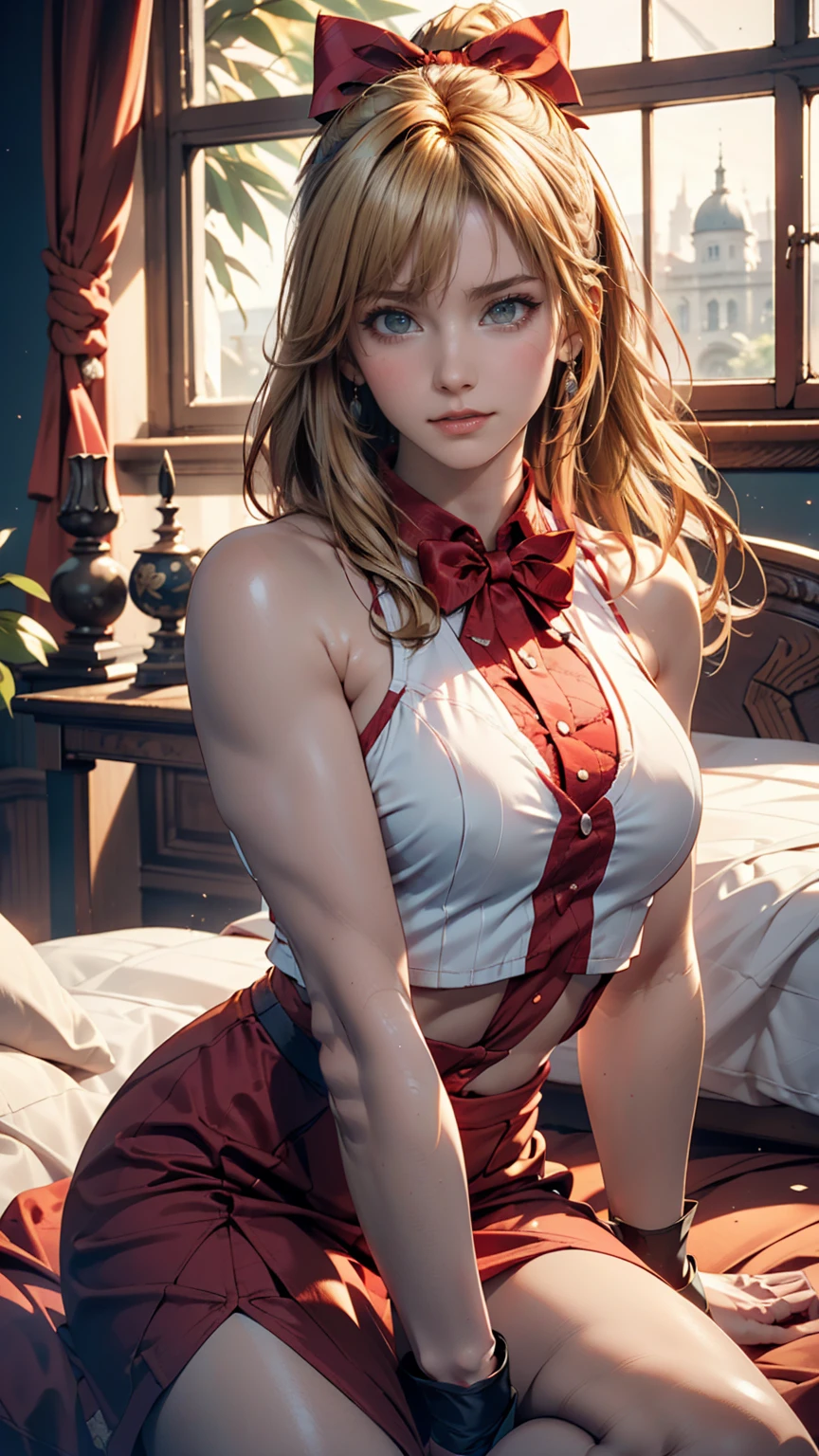 masterpiece, Ultra-high-definition CG, Highest quality, Perfect photo, alone, Lydia Sobieska (Iron fist, Blonde hair in a high ponytail, blue eyes, Red Hair Bow, strong), Wearing a sexy karate uniform, Sit on the bed, Turn to the side, blush, Show your shoulders, In a European mansion