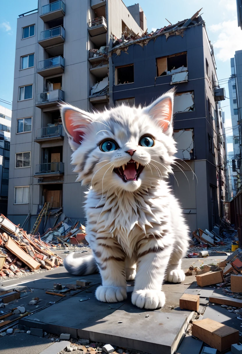 photorealistic,(Masterpiece, BestQuality), (hyperrealistic), (8k,Photorealistic), (realistic),super giant kitten monster is destroying buildings,cute,body length 300 meters,tokyo,