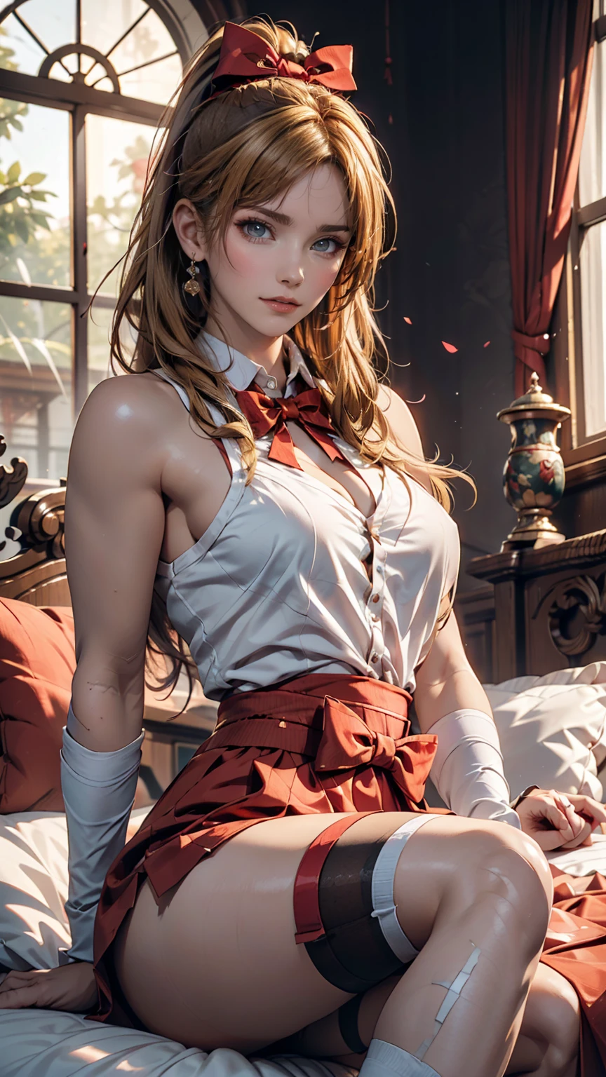 masterpiece, Ultra-high-definition CG, Highest quality, Perfect photo, alone, Lydia Sobieska (Iron fist, Blonde hair in a high ponytail, blue eyes, Red Hair Bow, strong), Wearing a sexy karate uniform, Sit on the bed, Turn to the side, blush, Show your shoulders, In a European mansion
