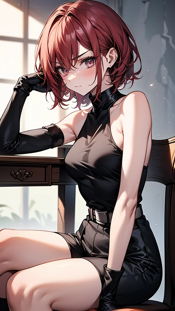 {{masterpiece}}, {{{Highest quality}}},{{Very detailed}},1girl,30years old,{Mature Woman}},Cowboy Shot,from side,{{Small breasts}},{{Female Fighter}},{{Black dolphin shorts:1.4}},{{Sit on a chair and take a rest}},Slim body,{{Slender body}}、barefoot,{{A loose fitting white sleeveless tunic}}、belt　Black tube top　　black fingerless gloves　Red Hair　ruins,,{{v-shaped eyebrows}},Bad mood,blush、Sweat,　View your viewers、short boots