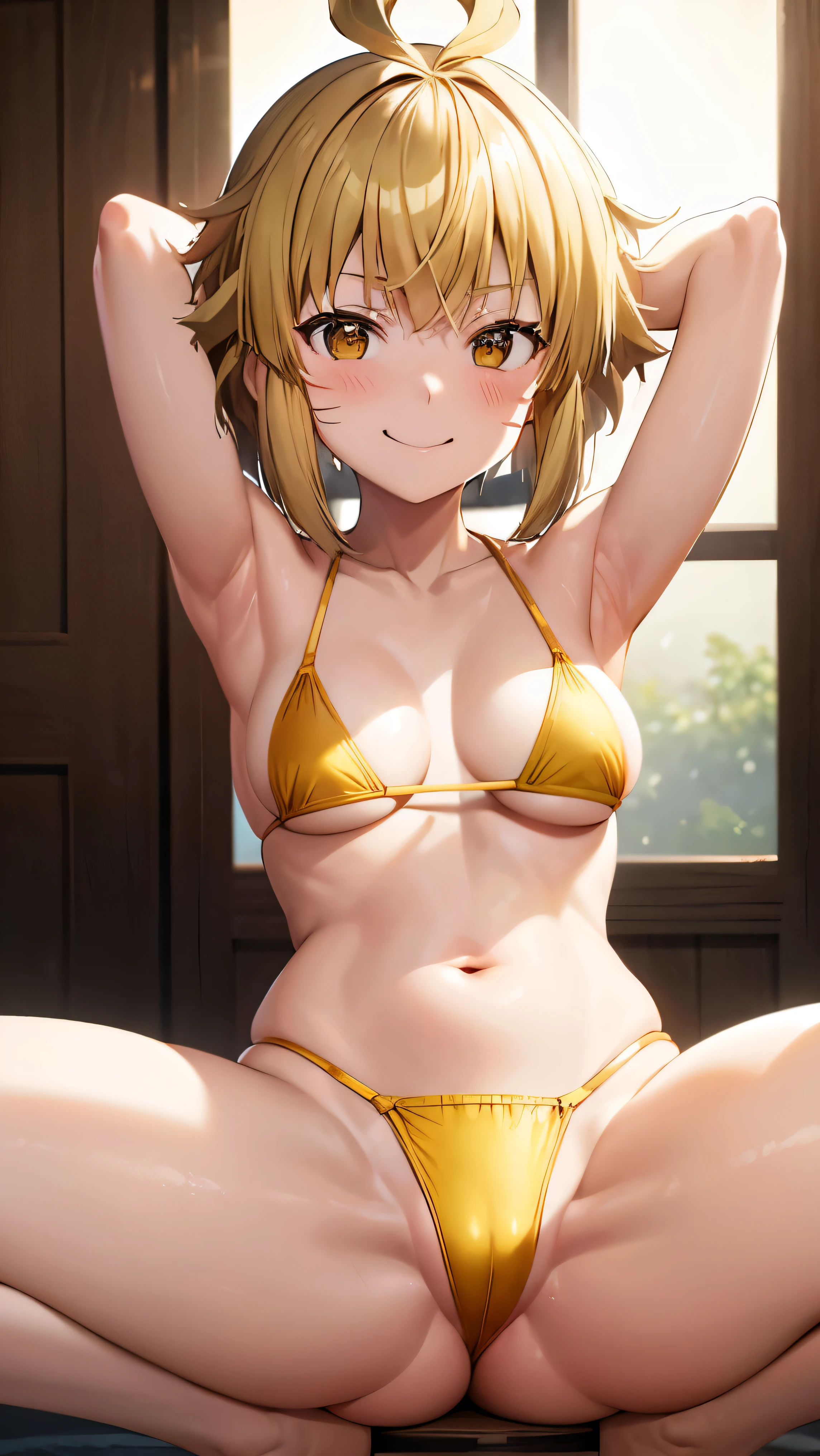 Argo ,Argo the rat, Short Hair, between the eyes、Orange eyes、Wearing a sexy In this scene、highly contrast, Showcase high-quality artwork。 (extremely detailed eye)with the(very detail hair)。Focus on the body.、pure、masterpiece, best quality, very micro bikini, micro bikini, yellow bikini, small bikini, super micro bikini, smile face, big smile face, smile, red blush、with blush cheeks、{{{Spread legs, Arms behind your head}}}, {{{Squatting}}},
