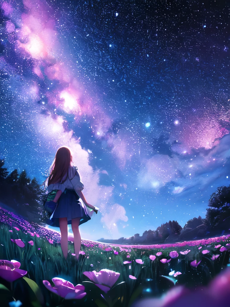 Highest quality, expensive_solve, clear_image, Detailed Background, girl, flower, garden, Starry Sky,