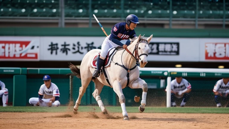 Honda Tadakatsu of Chiba Lotte Marines on horseback, holding a spear and roaring