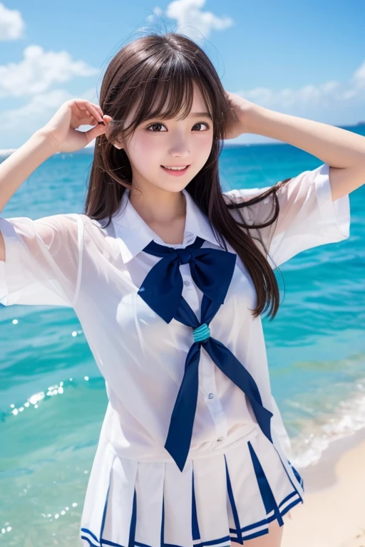 Cute Girls、high school girl、uniform、Idol、See-through、Ocean、Sandy Beach、Fluttering in the wind