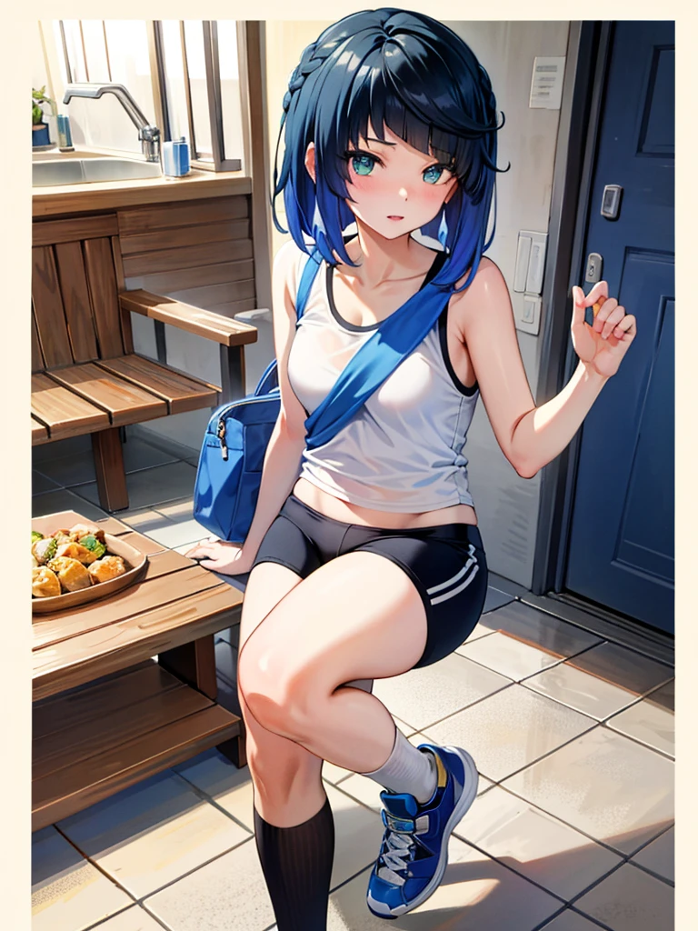 ((tmasterpiece,best qualtiy)), (1girll),((a matural female)),blue hairs,By bangiddlebreast,(plumw)sporty attire,Jogging exercise, ชุดรัดรูป, sexy girl, camel toe, นั่งชันเข่า, นั่งยอง, กางขาออกเล็กน้อย,