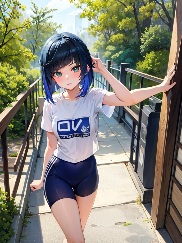 ((tmasterpiece,best qualtiy)), (1girll),((a matural female)),blue hairs,By bangiddlebreast,(plumw)sporty attire,Jogging exercise, ชุดรัดรูป, sexy girl, camel toe, นั่งชันเข่า, นั่งยอง, กางขาออกเล็กน้อย,