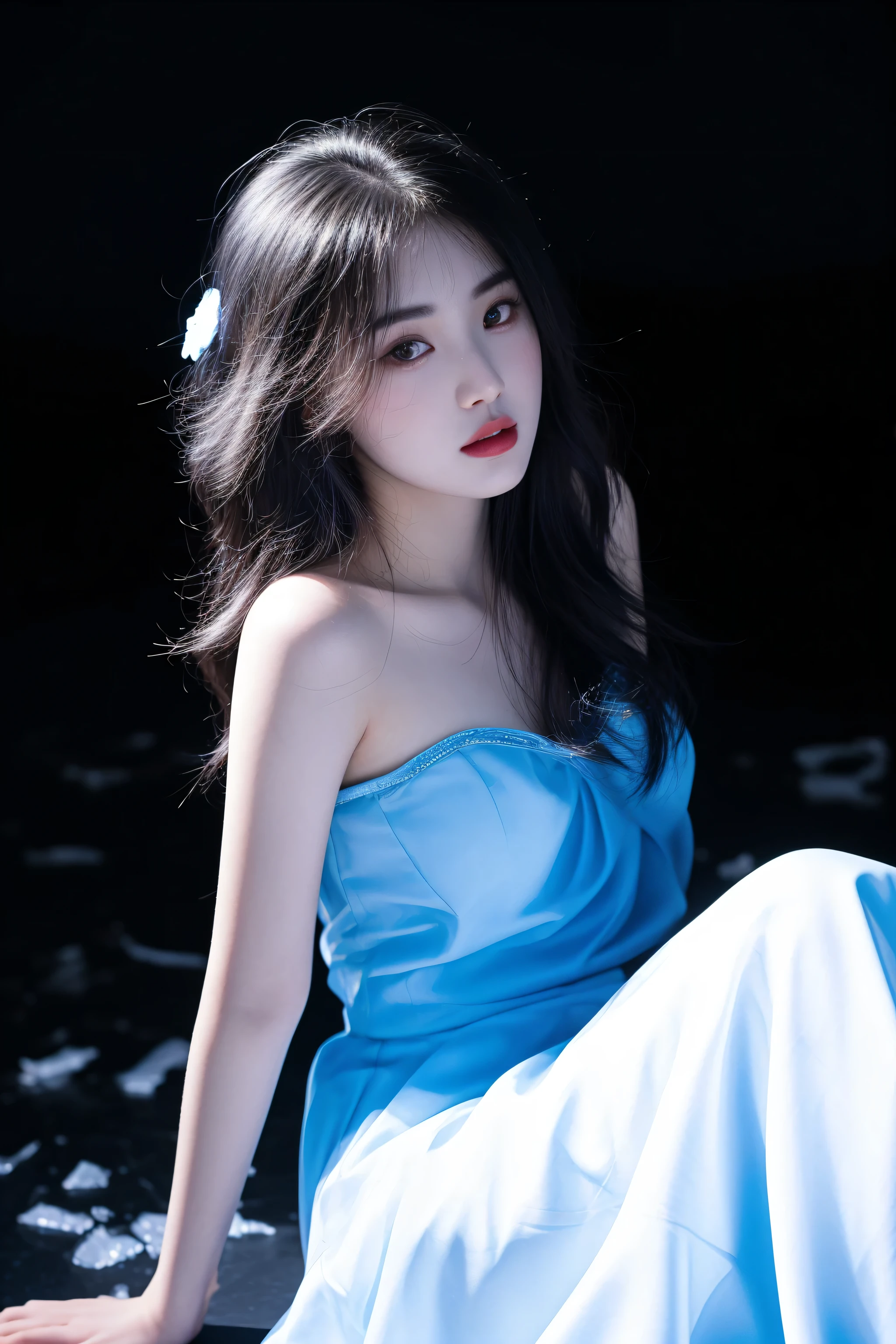 arafed woman in a blue dress sitting on a black surface, taken with canon eos 5 d, taken with canon eos 5 d mark iv, light blue dress portrait, portrait of female korean idol, hwang se - on, jaeyeon nam, lee ji - eun, lee ji-eun, kwak ji young, taken with canon 5d mk4