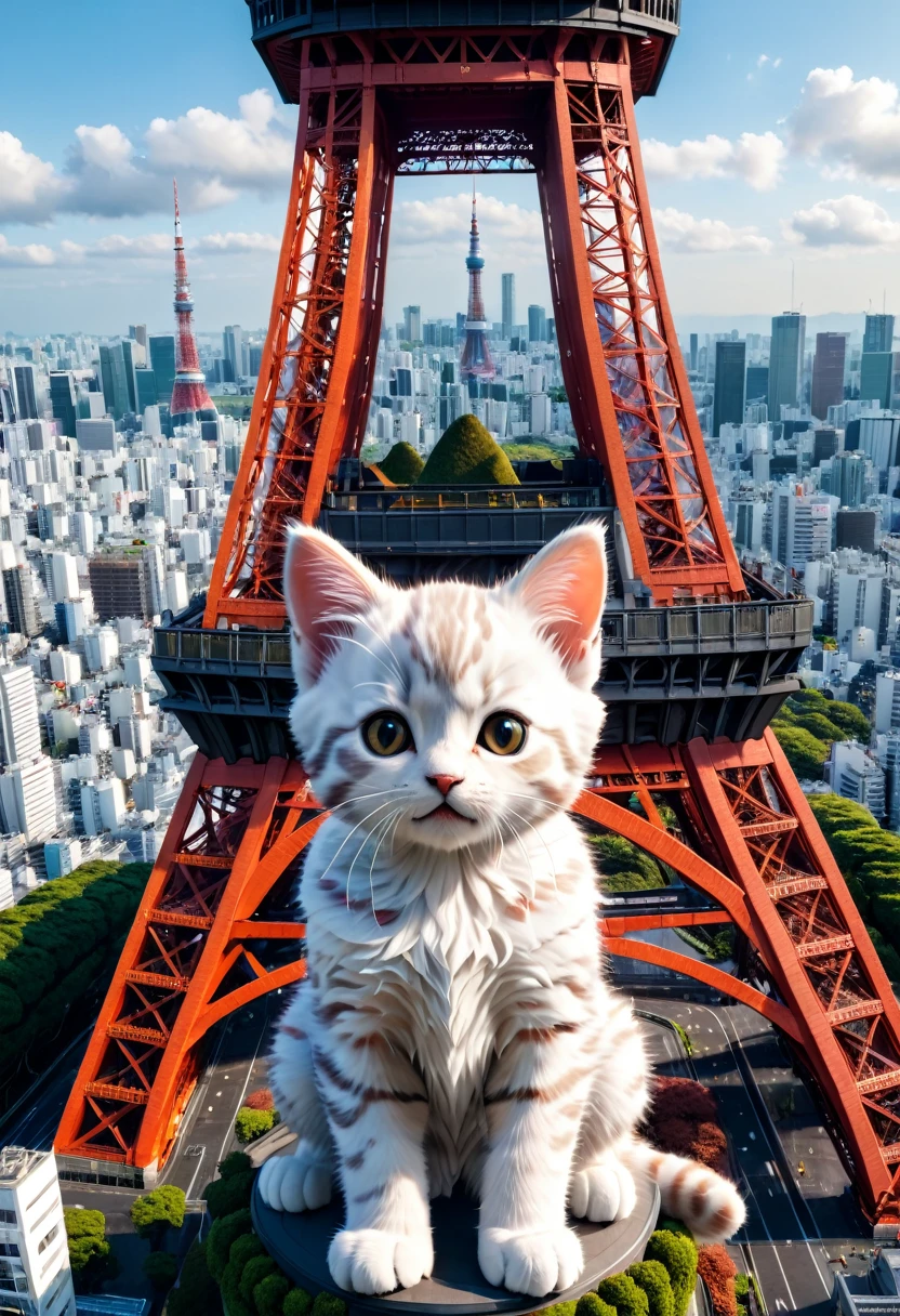 photorealistic,(Masterpiece, BestQuality), (hyperrealistic), (8k,Photorealistic), (realistic),super giant kitten monster is destroying tokyo tower,cute,body length 300 meters,tokyo,