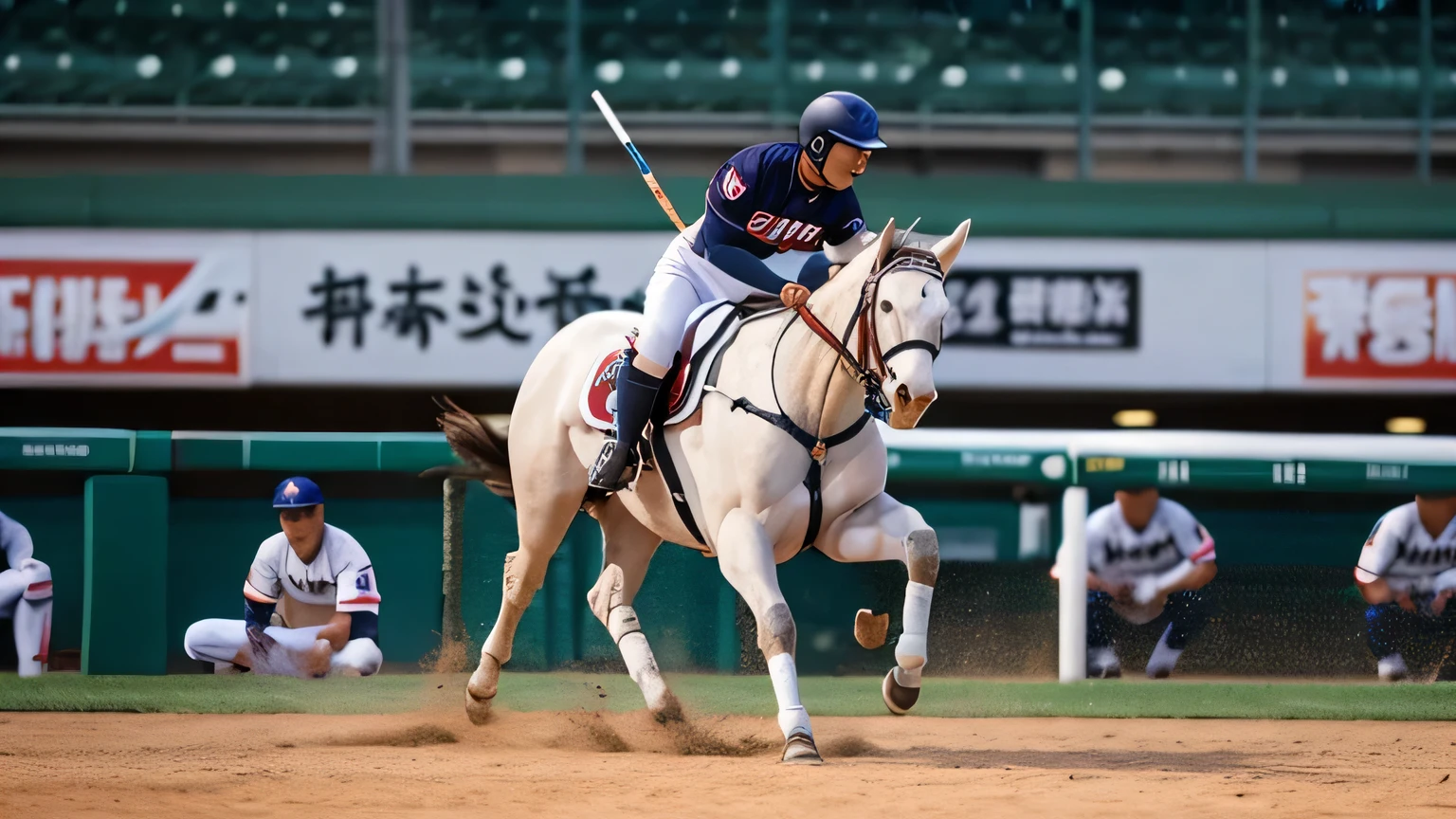 Honda Tadakatsu of Chiba Lotte Marines on horseback, holding a spear and roaring