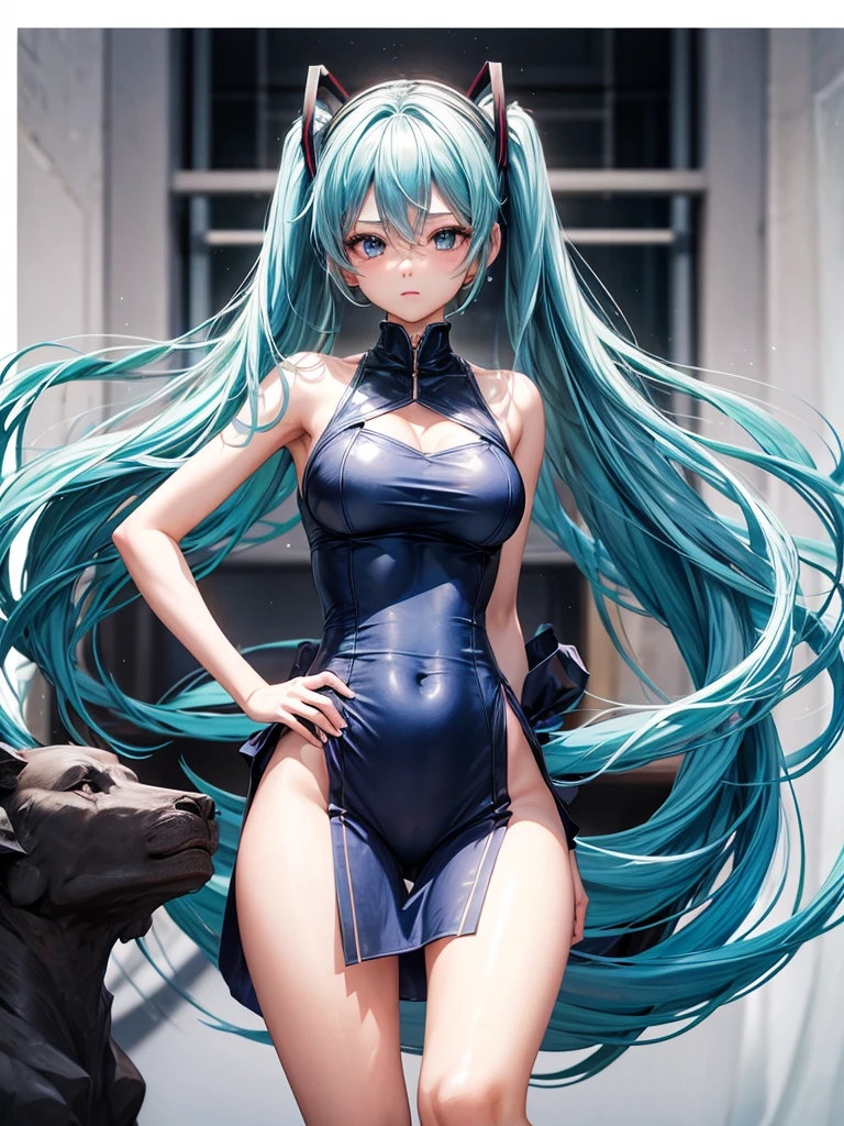 a girl, light blue hair, Hatsune Miku style hair, blue eyes, 20 years old, long navy blue dress, in berlin, modern city, accessories, sculptural body, best quality, masterpiece, busty. ,sexy girl, camel toe, ชุดรัดรูป, โชว์หน้าอก ,โชว์กางเกงใน,