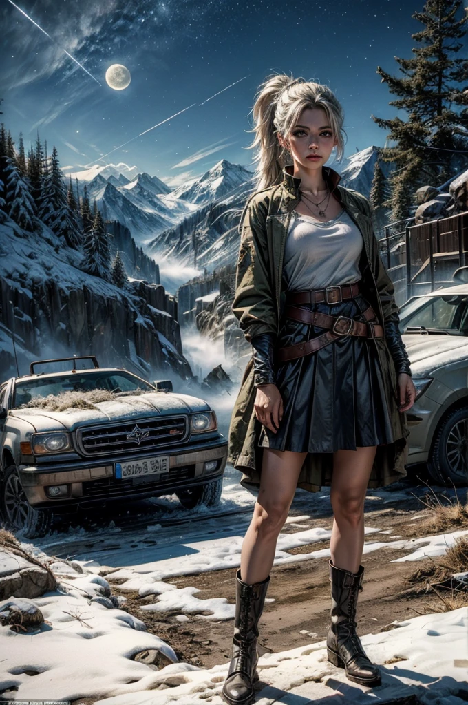 (masterpiece, best quality:1.2), cowboy shot, weissvale, expressionless, closed mouth, looking at viewer, long white hair, side ponytail, scar on eye, t-shirt, skirt, belts, boots, sword, jewelry, necklace, earrings, standing with crowd in city ruins on hill, overlooking valley, (crowd in military uniforms) BREAK night, stars, moon, snow, BREAK mountains in background, waterfall, vehicle wreck, , (crowd in military uniform), bonfires, post-apocalypse, dystopian future, 