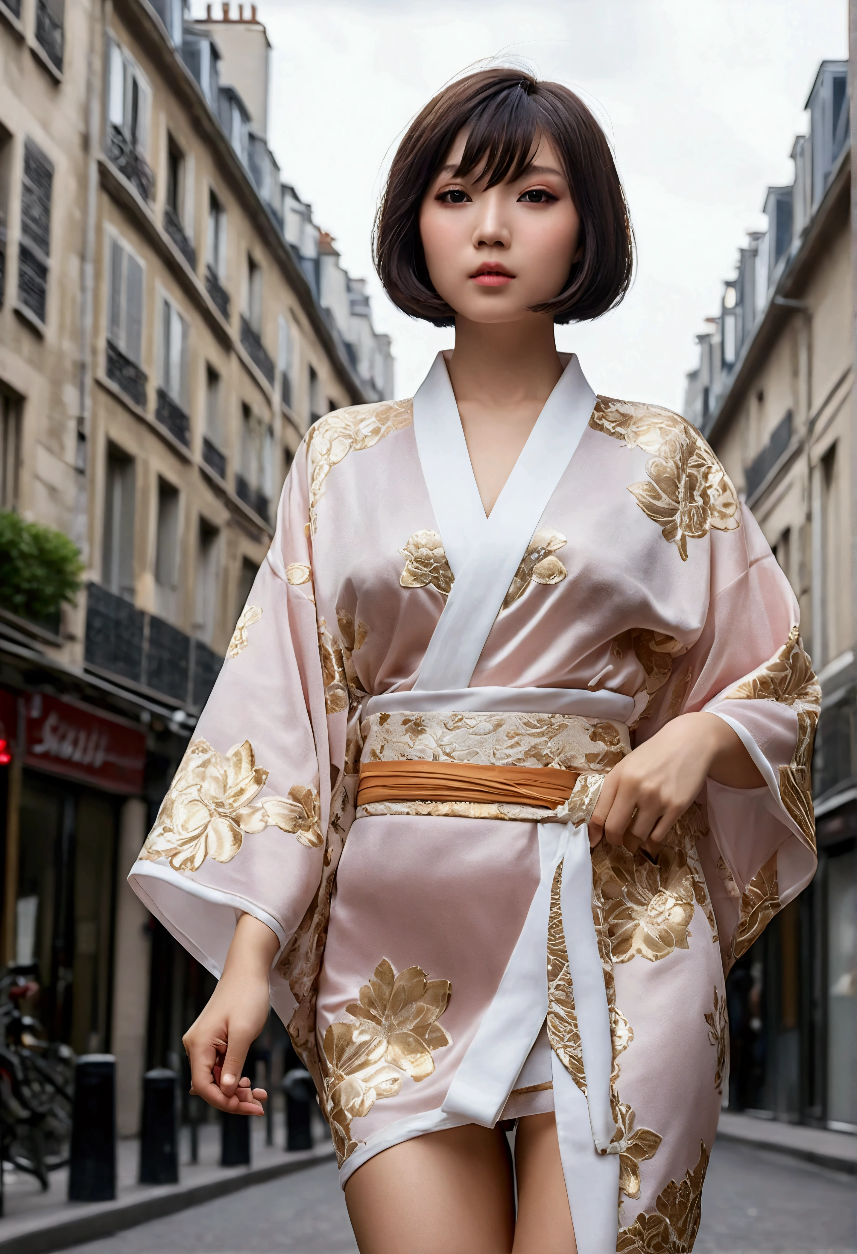(Top Quality, 16k, Masterpiece: 1.3)), 1 Girl, Sharp Focus: 1.2, Beautiful Women with Perfect Figure: 1.4, Slender Abs: 1.2, (((Short Bob Hair)), ((Small: 1.4)), ((Beautiful Face Idol: 1.3)), (Transparent Fabric Kimono 1.5)), Highly Detailed Face and Skin Texture, Detailed Eyes, Double Eyelids, (((Pause)), (Seductive)), Walking, Paris cityscape, low angle, shot from below