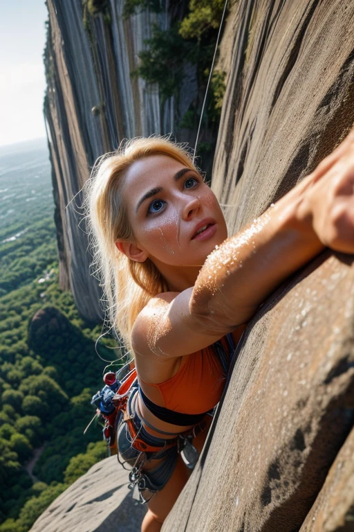 A beautiful female rock climber is climbing the high cliff, from above, close up her face, POV, looking up the viewer, Skin that shines wet with sweat, Flowing blonde hair, intense expression, Cinema Lighting, Vibrant colors, (Highest quality, High resolution, masterpiece, Super detailed, Realistic, photo realistic), Very detailed face and eyes, Very detailed, hyper Realistic, Professional photography, Cinema Lighting, Dynamic action scenes, Sports Photography