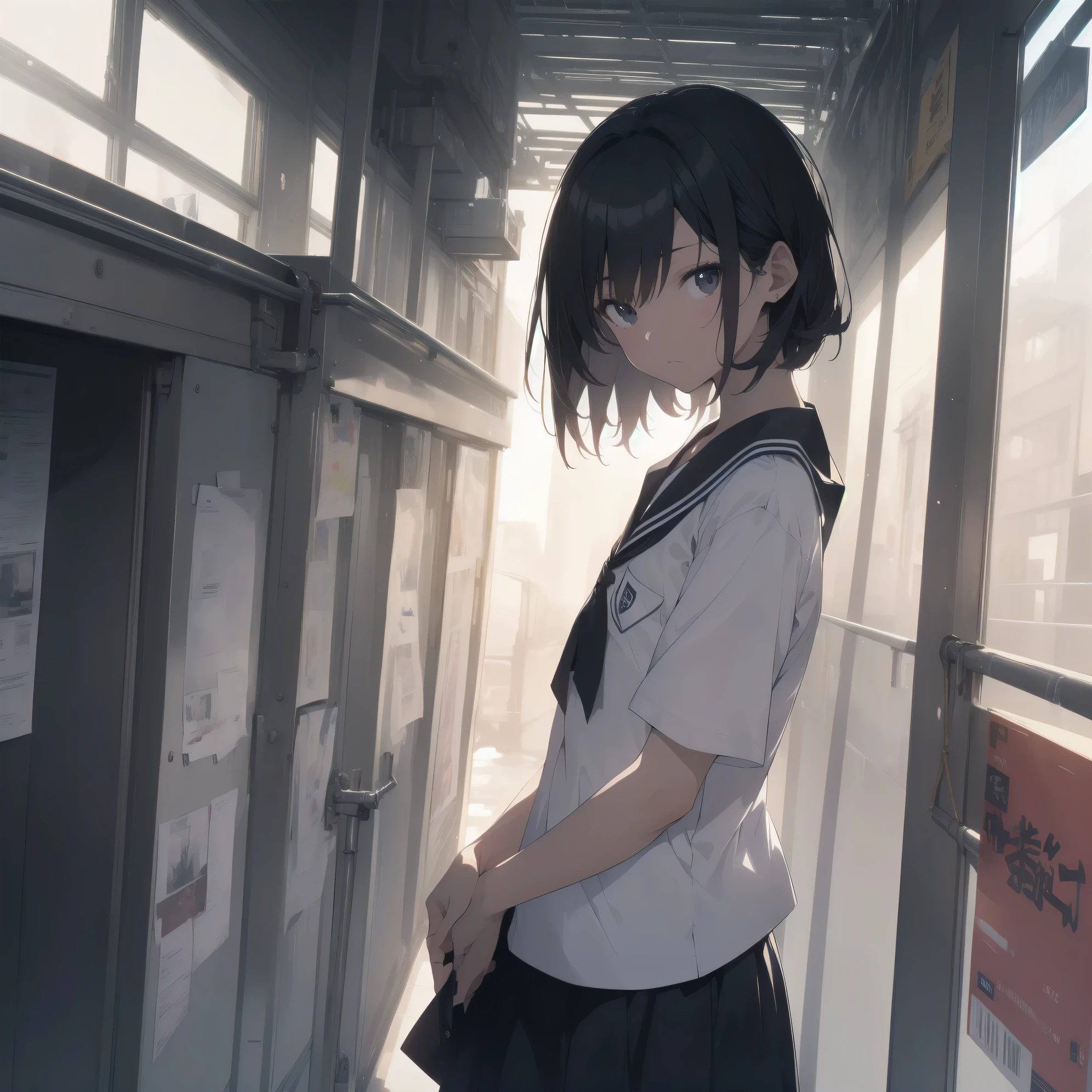 ultra-absurdres-Top quality by artist God, ultra-detailed, high resolution, anime moe artstyle, best anime 8k konachan wallpaper, pixiv contest winner, pool:2810, perfect anatomy,break, 1girl, (Please draw a girl walking sleepily to school alone. )break,(Solo,little female, 13-year-old:1.3),Full limbs, complete fingers,a junior high school student, (very short hair), short cut, flat chest, , small butt, small black eyes, beautiful detailed eyes, well-proportioned iris and pupils, expressive eyes, highres detailed hair, soft expression, salor school_uniform, sailor collar, serahuku, bow, pleated skirt,(Detailed Lighting), (Detailed background), in the School commute route. break,super detailed skin, Best cinematic lighting powered by famous artist, 8k,beauty illustration,photoshop_(medium),very aesthetic,break,((artist:haruhisky )), artist:clamp ,artist:carnelian ,artist:kantoku ,