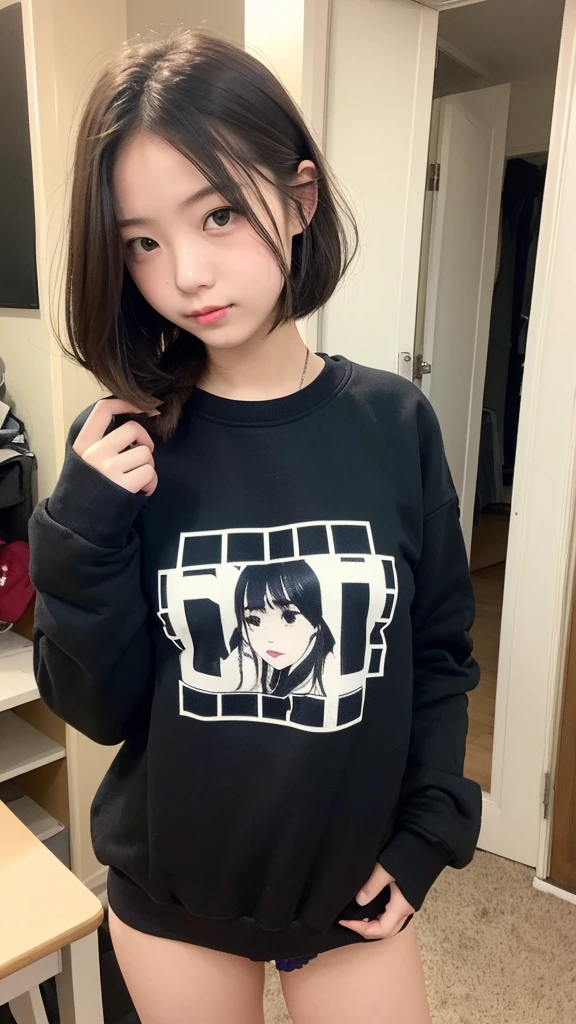 Student girl -yeld Hatyle Casual, wearing sweatshirt and no pants at house