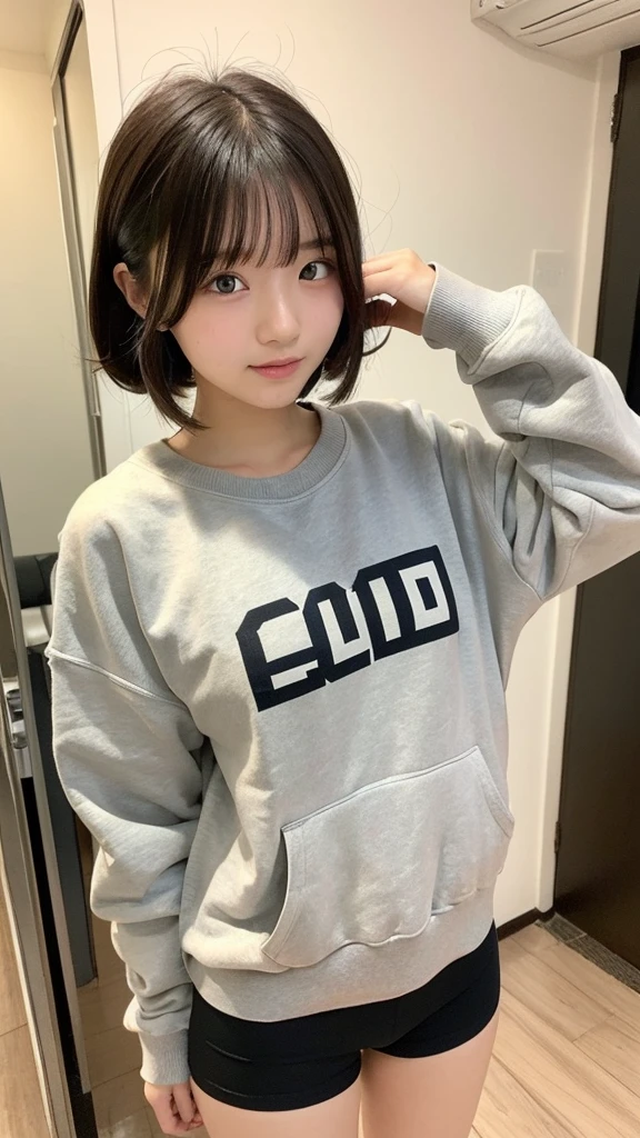 Student girl 17-year-old Hairstyle Casual, wearing sweatshirt and no pants at house