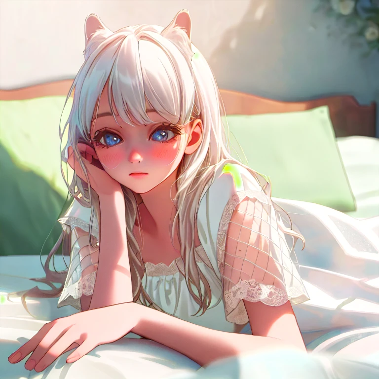 1girl in a white lace lolita dress lying on a bed, barefoot, porcelain skin, long white hair, fox ears, big innocent eyes, shy expression, (best quality,4k,8k,highres,masterpiece:1.2),ultra-detailed,(realistic,photorealistic,photo-realistic:1.37),intricate details,soft lighting,pastel colors,delicate,elegant,whimsical