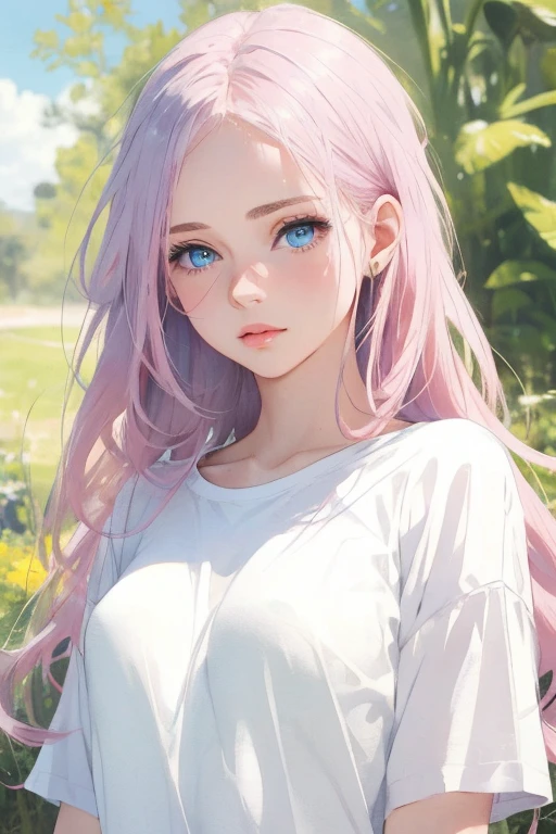 ((best quality)), ((masterpiece)), (detailed), realistic perfect face a cute 18 years old girl realistic blue eyes, long colour pink hair, white tshirt