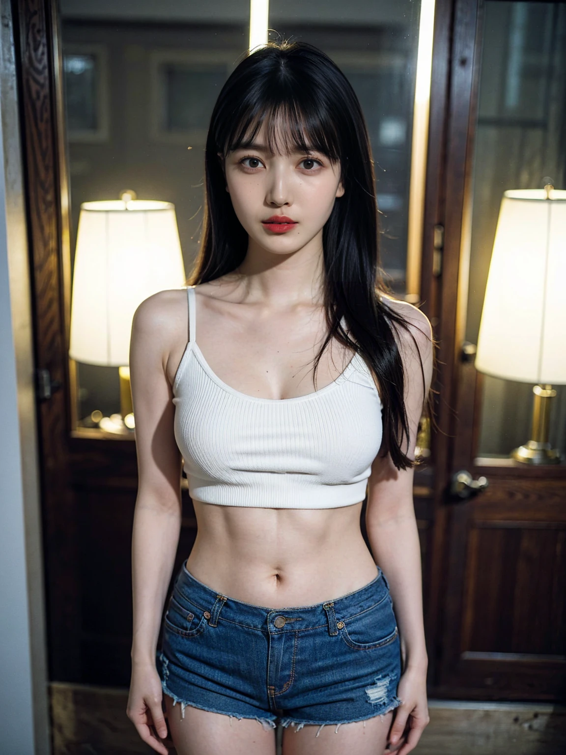 Girls, Bangs, Bare Shoulders, Black Pants, Breasts, Breasts squeezed together, Grey background, Hair between the eyes, Huge breasts, Long hair, View Viewer, Pants, Parted lips, Red eyes, Shirt, Simple background, Sleeveless, Sleeveless shirt, Solo, Turtleneck, V arm, White hair,(Shiny skin),(Masterpiece:1.4),(Best quality:1.4),,Facigirl,Red lips,Perfect abs, Navel, (naked: 1.5), (sheer areola), ((bare chest)), huge, sweat, whole body