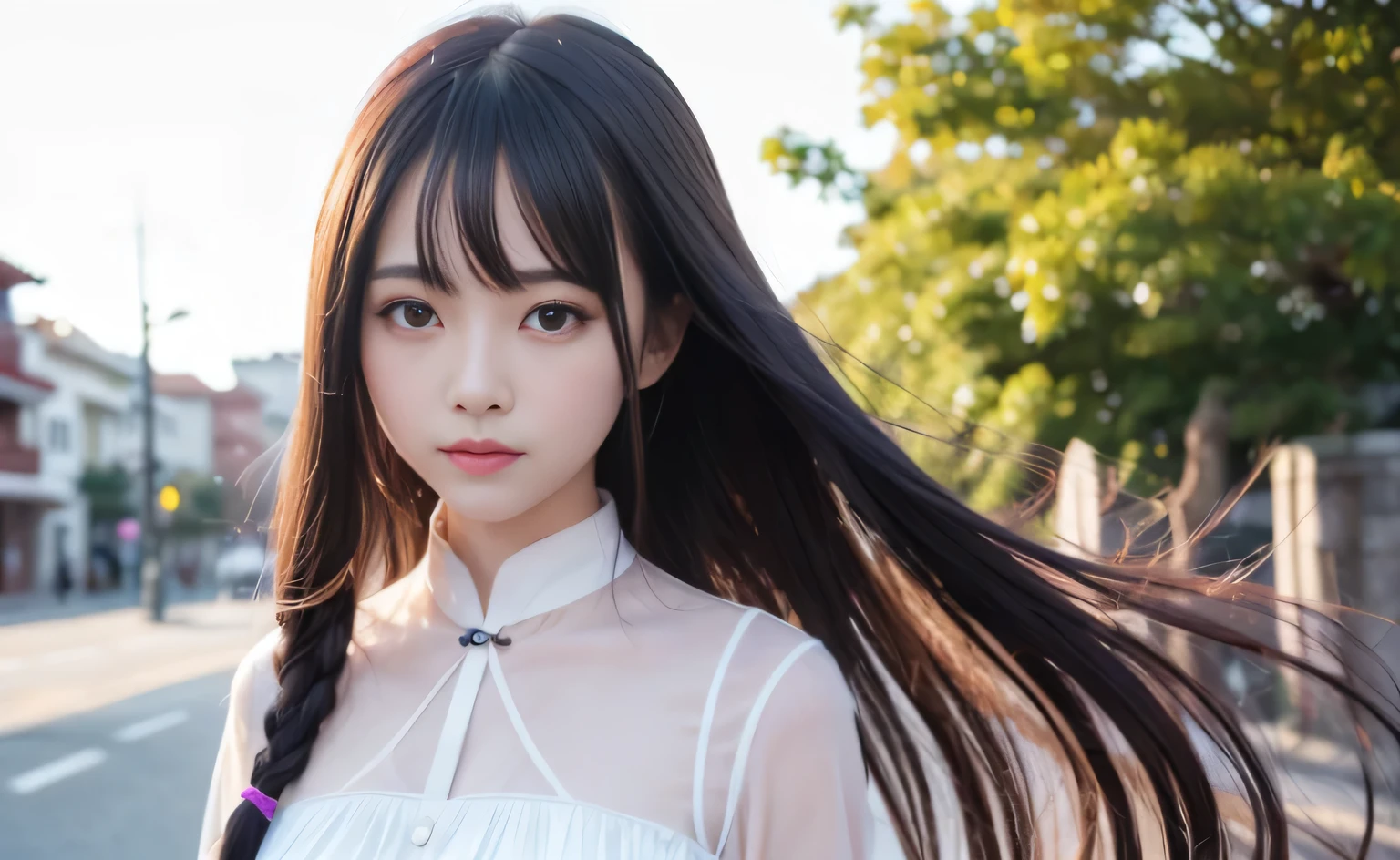 best quality, 8k, Traditional beauty,Beautiful and fine hair and fine face, perfect female face, Smile, happy, beautiful cute girl,with shiny purple hair,Colorful white shirt , Highly detailed facial and skin textures, delicate eyes, Just one person,Chinese girl,The costumes are detailed and complete,Super detailed black braids,Hair blowing in the wind, standing on the street, (Flash particles), lens flare, sharp focus, Volumetric lighting,Smile at the camera, (Alice and fashion:1.1),slim body,Soft light and shadow,The proportions of the characters are reasonable,Normal human eyes,Eyes are delicately drawn,Delicate facial details,Detailed sculpting of upper body,Attention to detail,The texture is delicate,vivid emotional description,meticulous detail。