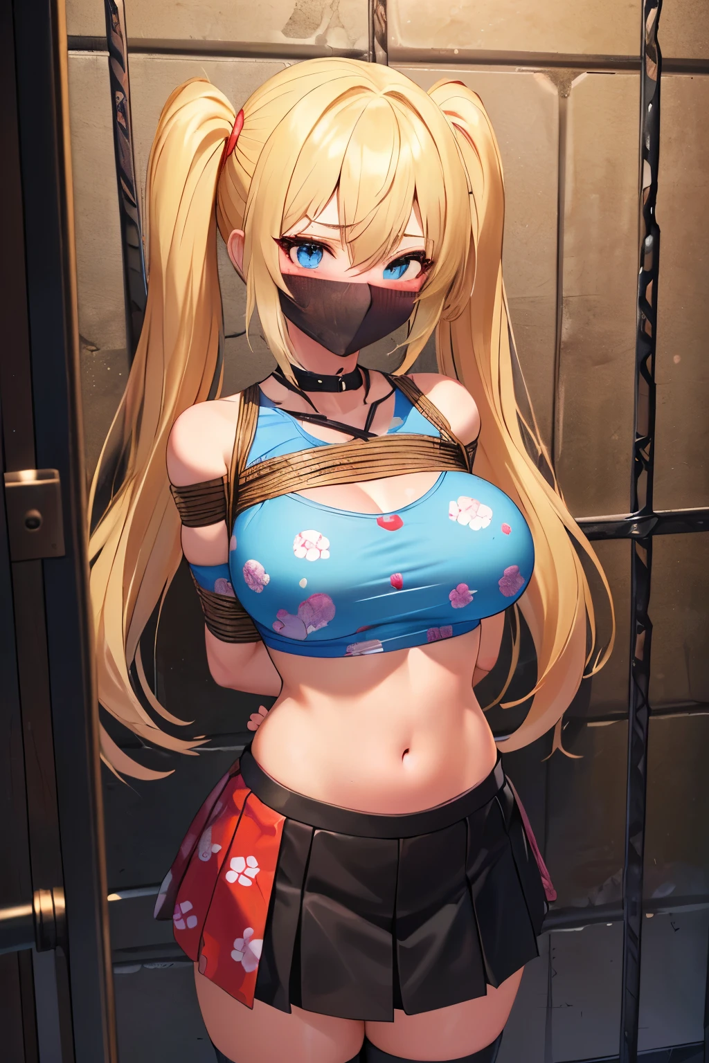 2 girls, (detailed light blue eyes, lange wimpern, detailed beautiful face:1.1), 4k quality, twintails, Haare Seiten nach oben, (Long blonde hair:1.4), (arms behind back:1.3), (big breasts:1.5), Red rope, (blushing:1.3), long hair, hair between eyes, (black skirt, loose fit White crop top with a print, 18 years old:1.4), (bondage:1.3), erhobene Augenbrauen, pralle Brüste, OTN, White Gag, gagged, (standing:1.5), (standing in a dark prison cell with other prisoners, stehend vor Zellen Gittern:1.6)