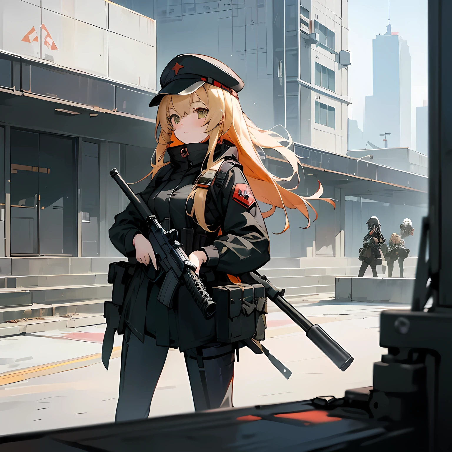 Anime girls with guns and hats standing in front of a building., an illustration of Kamagurka, pixiv, neoism, frontline girls style, from frontline girls, frontline girls cg, frontline girls, fine details. frontline girls, frontline girls universe, m4 sopmod ii frontline girls, anime maid  ss military, anime machine gun fire